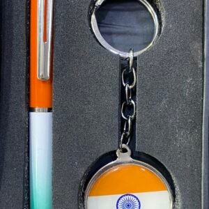 Tiranga Ball Pen Blue Ink & Keyring with India Flag Engraved Metal Keychain Gift Set