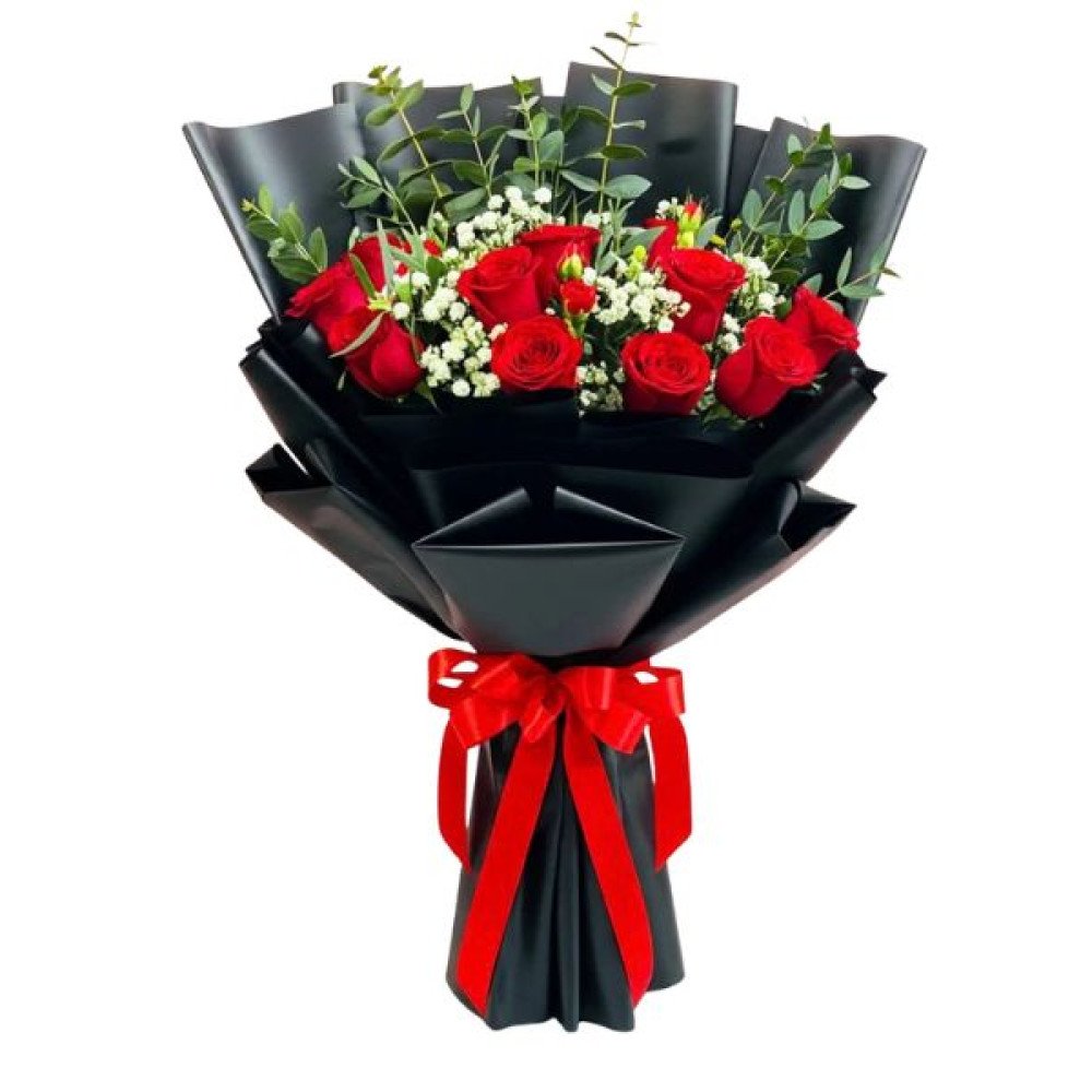 Red Roses Bouquet Black Korean Paper