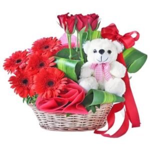 Breath taking Red Gerberas and Roses Basket with Cute Teddy